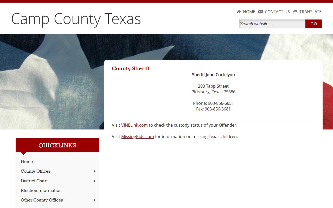 Camp County booking and custody records source at the sheriff page